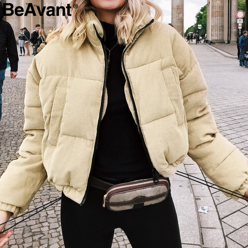 BeAvant хаки Вельветовая зимняя куртка Женское пальто Теплая стеганая парка 2018
