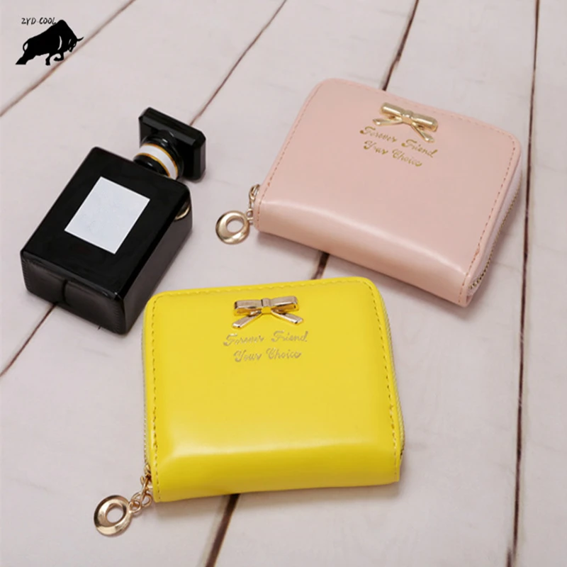 Модный короткий кошелек женский кошелек-бумажник для дам, женский кошелек на молнии из PU-кожи в ярких цветах с бантом для монет и кредитных карт.