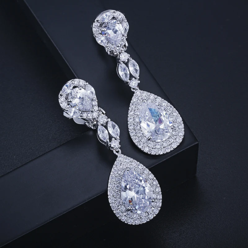 CWWZircons, роскошные круглые серьги в форме капли воды, не пирсинг, CZ, свадебные серьги, высокое качество, длинные серьги без пирсинга, CZ399