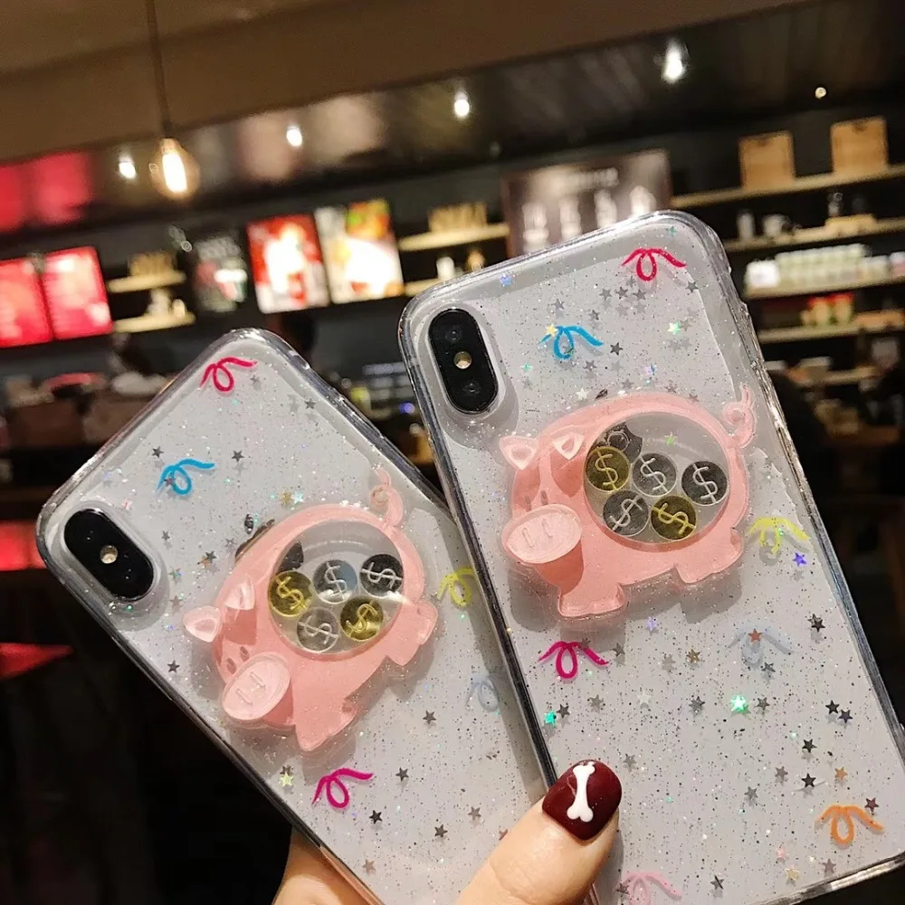 Glitter Case With Cute Pig Patterned For iPhone 6/S 7 8 Plus X XR XS XSMAX Paillette Flow While Moving TPU Slicone Cover |