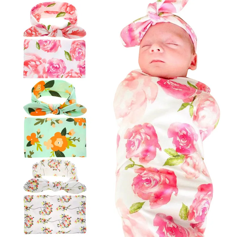 

Unisex Cotton Printed Wrap Newborn Infant Baby Blanket with Matching Headband Newborn Photography Props Blanket 0-12M BT04