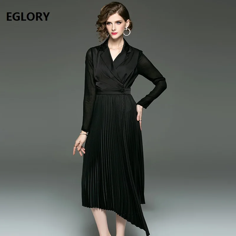 

Top Quality Fashion Office Dress Women Notched Collar Sexy Sheer Long Sleeve Pleated Asymmetrical Party Elegant Dress Robe Femme