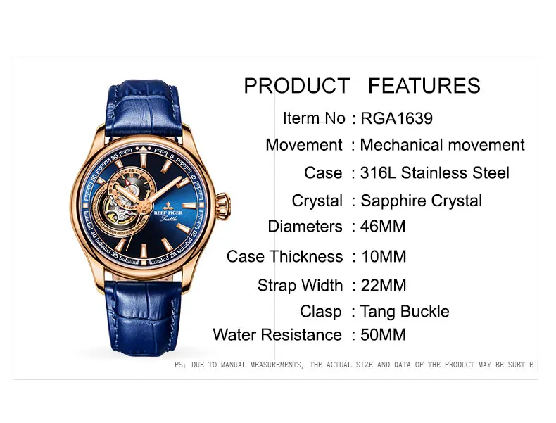 Риф платье с тигром для мужчин часы Reloj Hombre синий Tourbillon лучший бренд класса люкс автоматические механические часы Relogio Masculino RGA1639