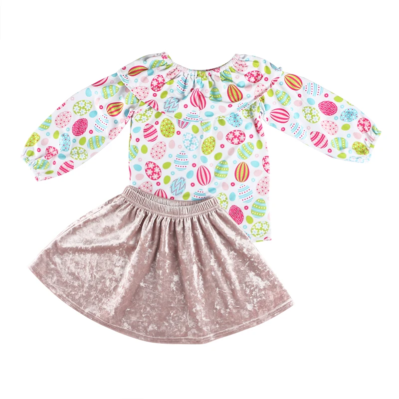 

Kaiya Angel 2019 New Arrival Boutique Kids Clothing Sets Egg Print Long Sleeve Top + Solid Velent Skirts Childrens Girls Outfits