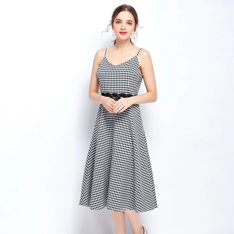 Vintage Ladies Elegant Slim Dress Summer Women Maxi Female High Wasit V Collar Sexy Street Wear Plaid Zipper Party Dresses | Женская
