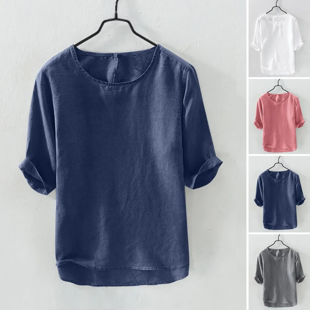 Мужская футболка с коротким рукавом свободная из мягкого хлопка и льна круглым