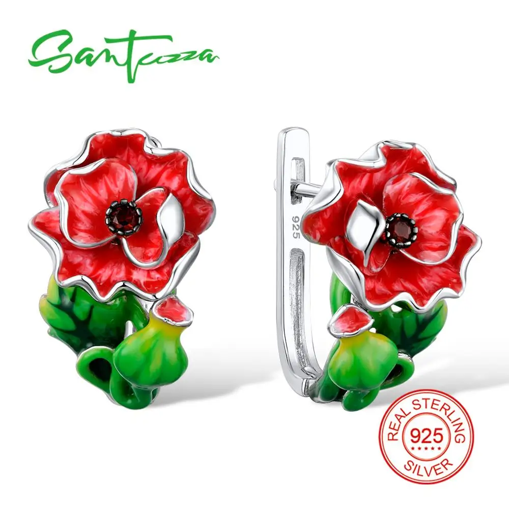 SANTUZZA серьги с красным цветком для женщин, Настоящее серебро 925 пробы, Бесконечная любовь, модные шикарные ювелирные изделия ручной работы, эмаль