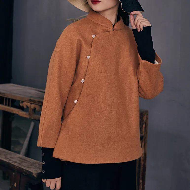Winter New Traditional Slant Beads Button Stand Collar Woolen Women Coat Caramel Purple Colors Elegant Ladies Retro Jacket | Женская