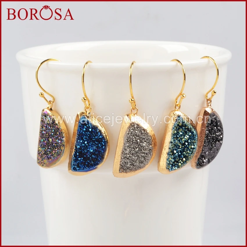 Borosa 5 шт. новый золотой Цвет Half Moon Форма Титан Радуга Druzy Geode Длинные висячие серьги