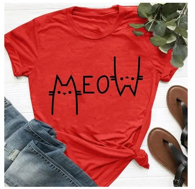 Женская Винтажная Футболка Meow летняя повседневная хлопковая футболка с коротким