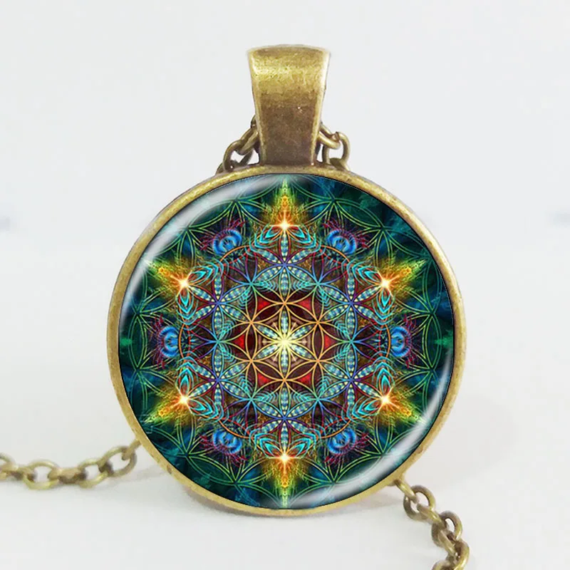 Многоцветное ожерелье серебряного цвета кулон цветок жизни цепочка стеклянный