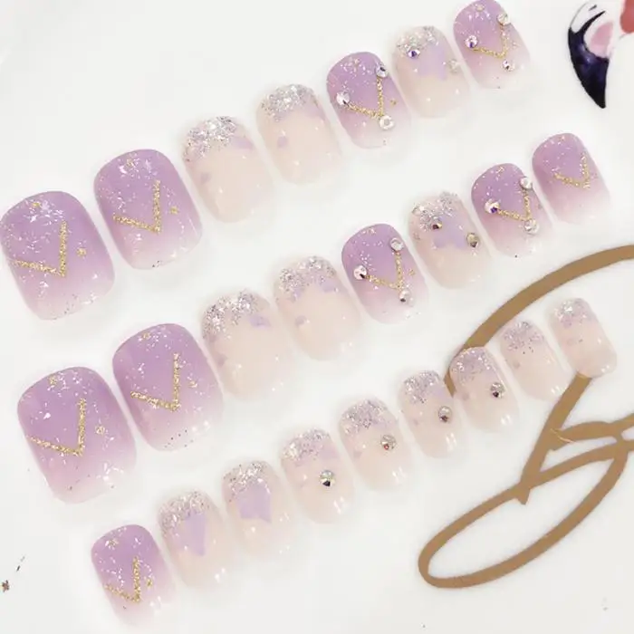 DIY короткие полное покрытие ногтей наклейки Патчи градиентные фиолетовые блестящие стразы накладные ногти девушки сладкие конфеты Цвет поддельные ногти