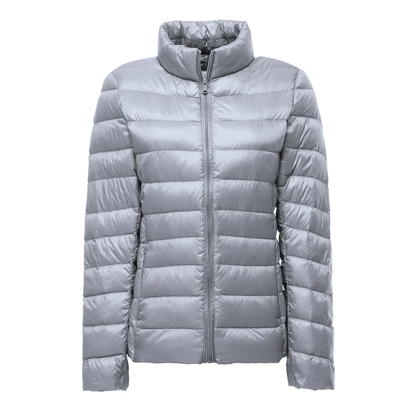 7XL, новинка, Осень-зима, женский тонкий короткий пуховик, женский ультра-теплый светильник, стоячий воротник, пуховик, большой размер, перо, верхняя одежда - Цвет: Gray