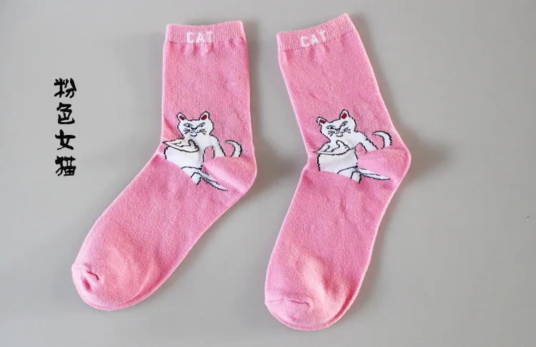 Pink female cat V-Hanver, новинка, 1 пара, Осень-зима, женские хлопковые носки, искусство, забавный, инопланетянин, планета, креативный, Забавный мультяшный Кот, дышащие носки - Цвет: Pink female cat