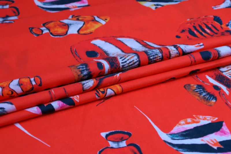 145cm Width Fashion Tropical Fish Red Imitate Cotton Or Thin Chifon Fabric for Woman Girl Summer Dress Blouse Pants DIY Sewing | Дом и сад