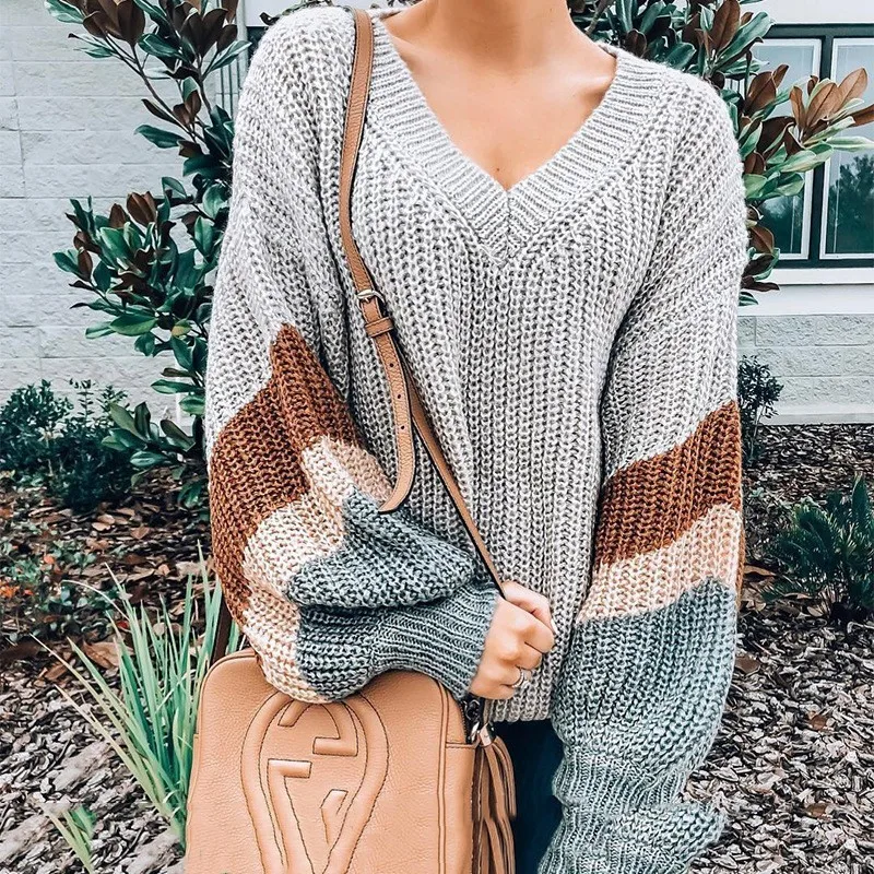 

Женский винтажный свитер в полоску PEONFLY, трикотажный пуловер оверсайз с V-образным вырезом, зима 2019