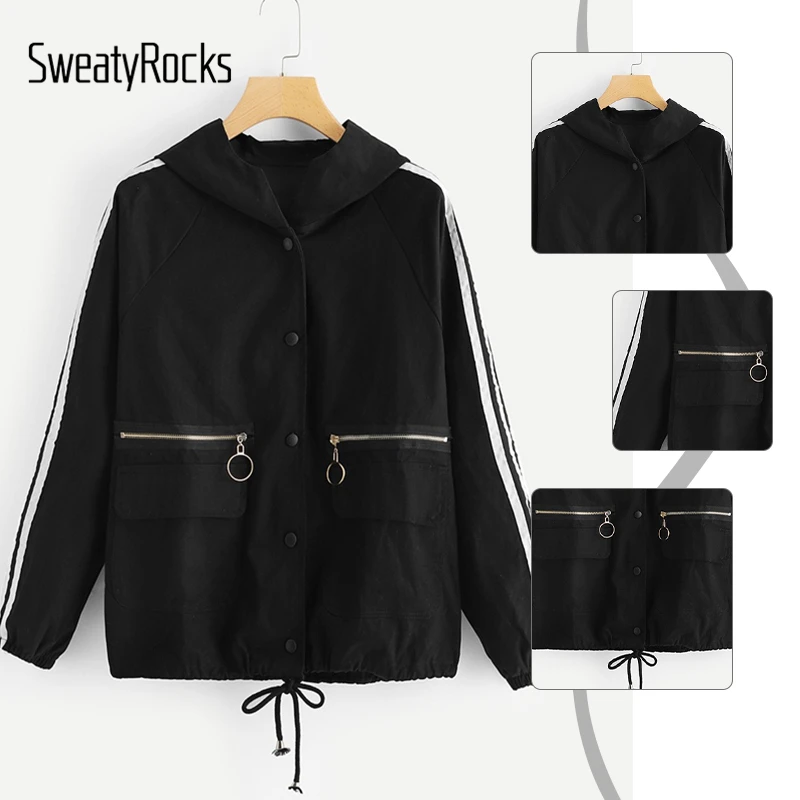 SweatyRocks Черная куртка с капюшоном и завязками, новинка, однобортные пальто, Весенняя женская куртка с капюшоном и топы