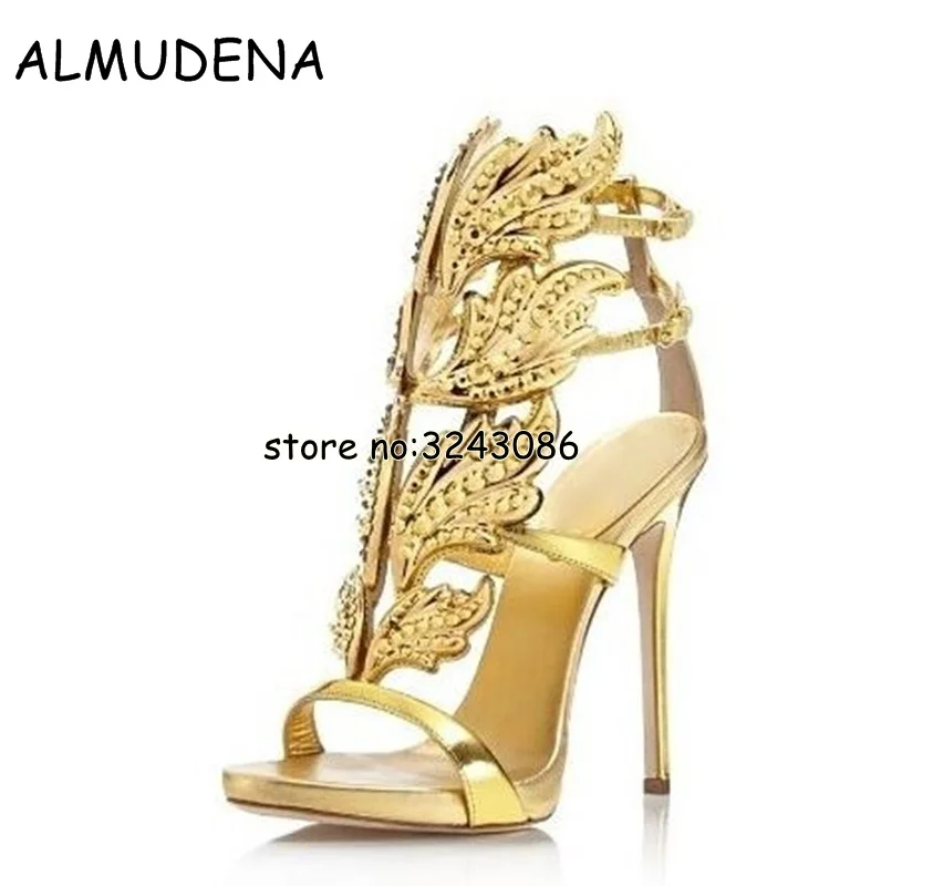 

Sexy Bling Crystal Drilled Angle Wings High Heel Sandals Shiny Leather Bridal Gold Plated Winged Gladiator Wedding Sandal Shoes