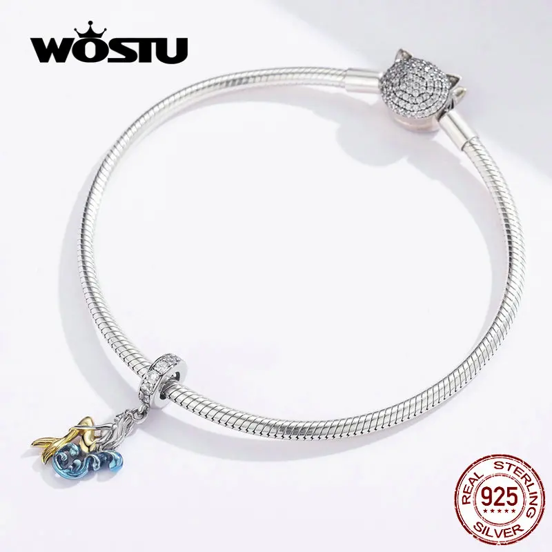 WOSTU Элегантный Русалка мотаться Шарм 925 пробы серебро смешанные эмаль CZ Бусины Подходят браслет DIY ювелирных изделий CQC1166