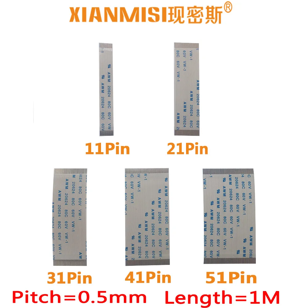 

FFC/FPC Flat Flex Ribbon Cable 11Pin 21Pin 31Pin 41Pin 51Pin Same Side 0.5mm Pitch AWM VW-1 20798 80C 60V Length 1Meter 5PCS