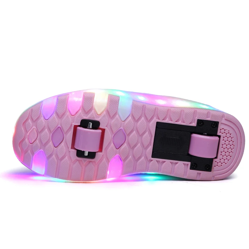 Two Wheels Luminous Sneakers Black Pink Led Light Roller Skate Shoes Children Kids Boys Girls Up Unisex | Детская одежда и обувь