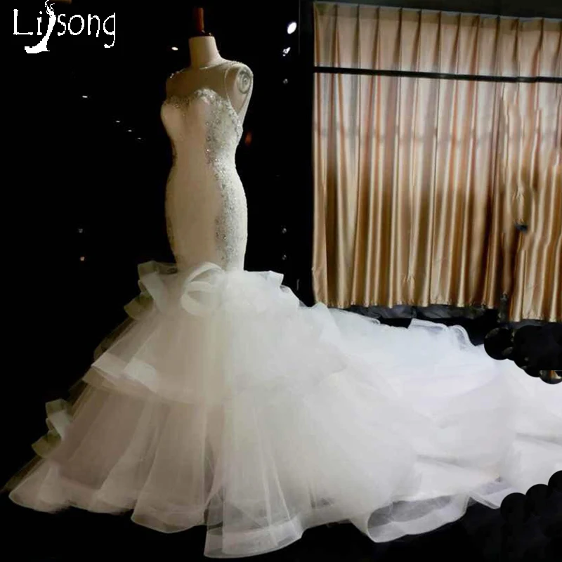 

White Mermaid Wedding Dress Sheath Fitted Tiered Ruched Bridal Royal Hemline Formal Dresses Gowns Custom Made Plus size Lace Up