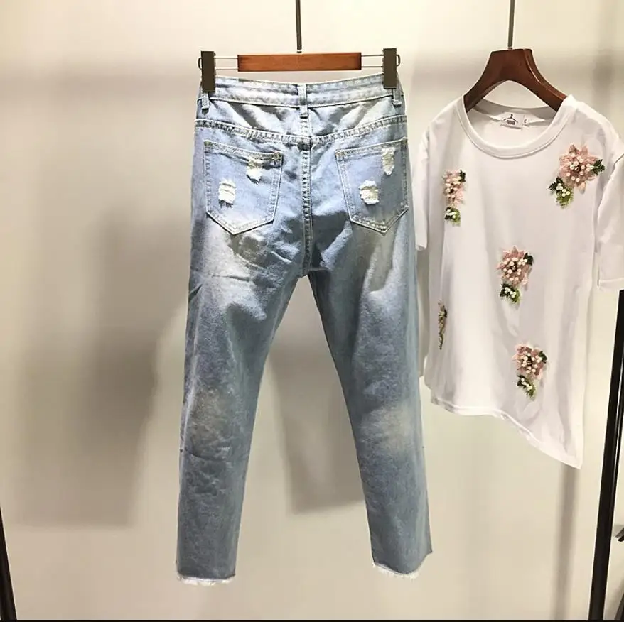 

Spring Summer Women's Ripped Jeans Loose Hole Flowers Embroidery beaded Denim Ankle-Length Burrs Harem Pants H04