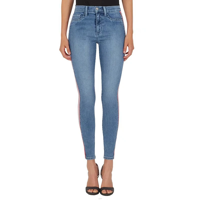 Women High Waist Jeans Ankle-Length Lady Side Striped Patchwork Skinny All Matched Casual Pants Brief Slim Winter |