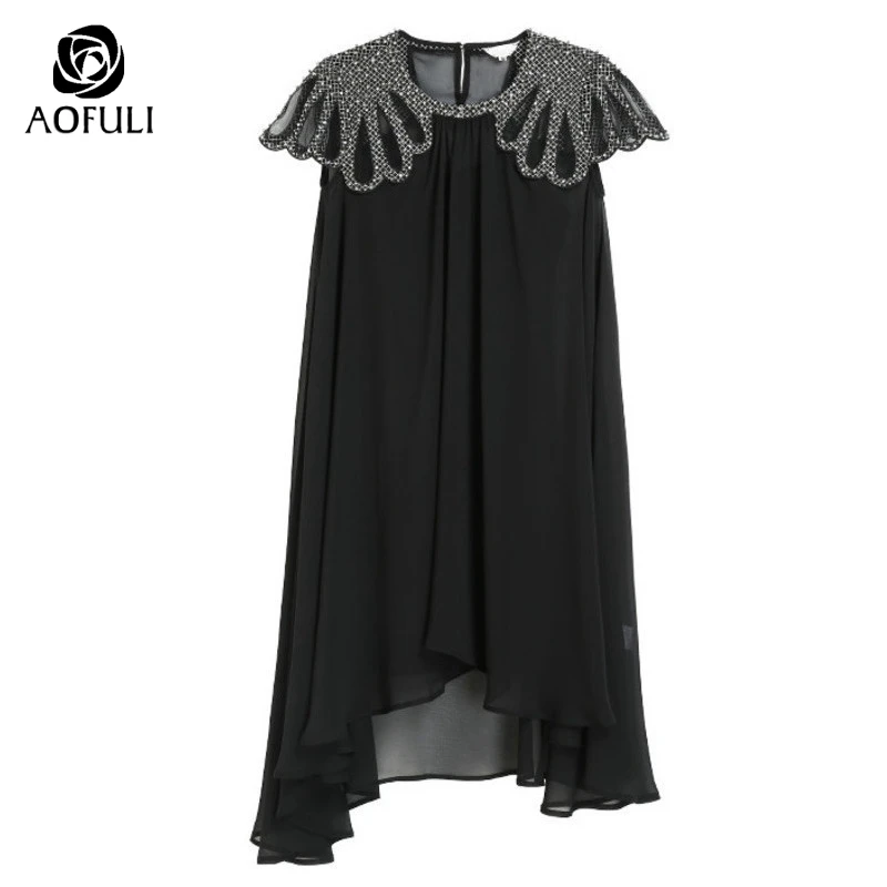 Женское шифоновое платье AOFULI вечернее в стиле панк с коротким рукавом и стразами