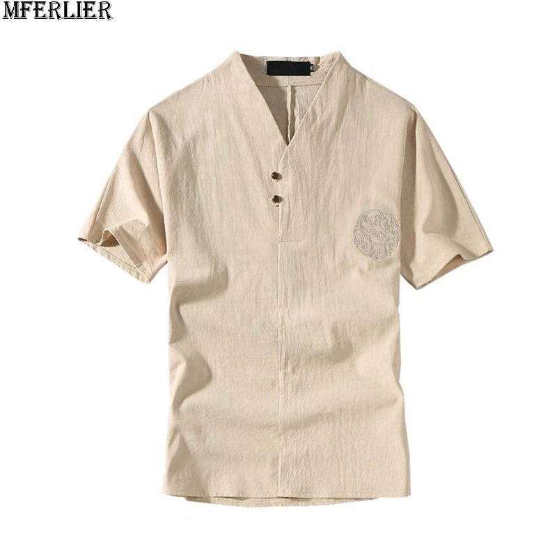 

Футболка мужская оверсайз с V-образным вырезом, винтажная рубашка с коротким рукавом, в китайском стиле, размеры 5XL 8XL 9XL 10XL, 58 60 62 64, на лето