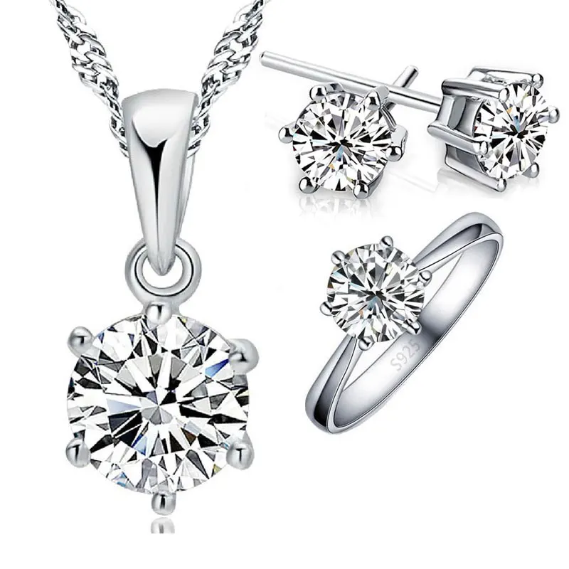 

Authentic 925 Sterling Silver Wedding Jewelry for Women Girls Classic Round Shiny Cubic Zirconia Necklace/Earring/Ring