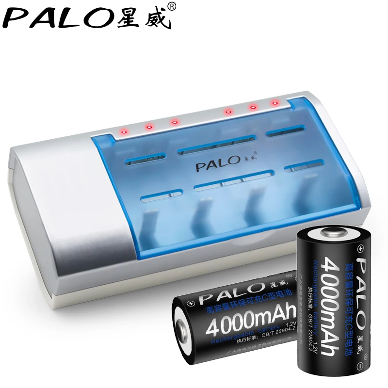 

PALO Quick Smart Charger with 4 Slots for C/D/AA/AAA/9v Rechargeable Battery with Charging Flashing Display+2pcs C Size battery