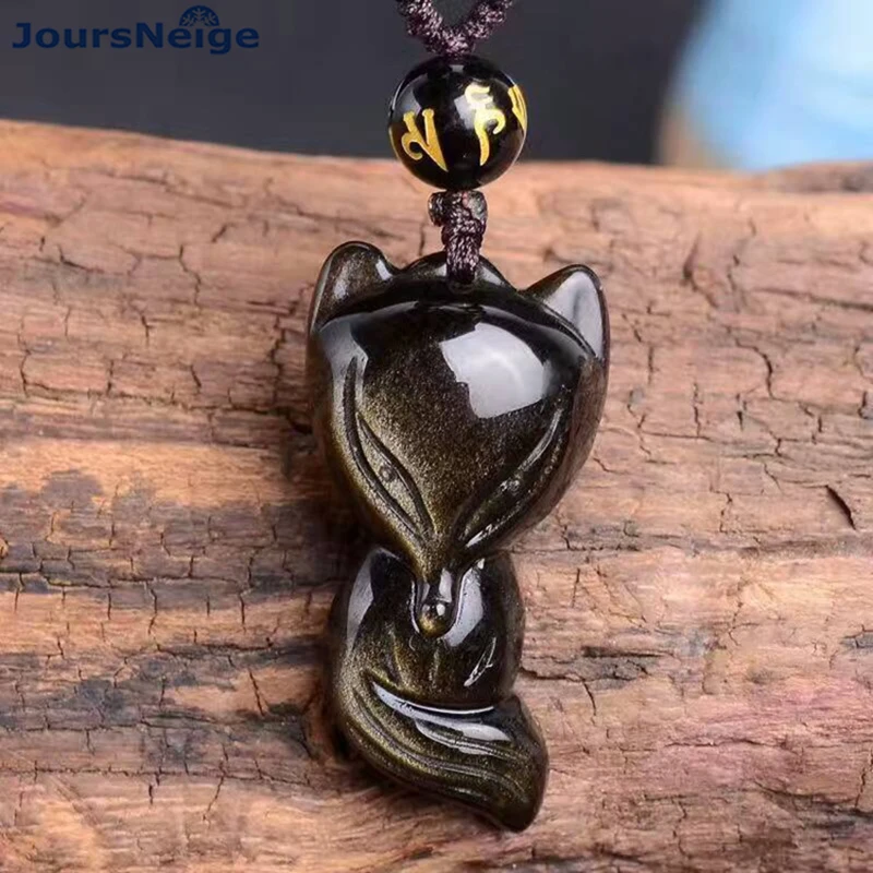 Wholesale Gold Black Natural Obsidian Stone Necklace Nine Tail Lucky Fox Pendant For Women Men Fashion Jewelry JoursNeige