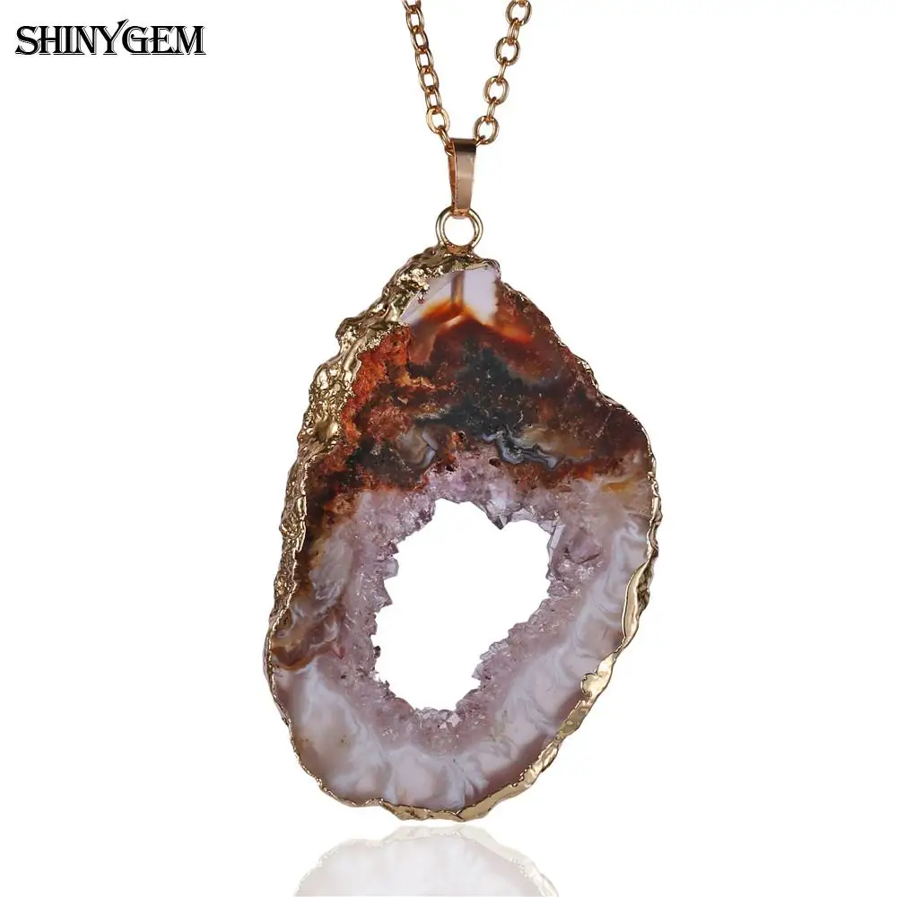 ShinyGem 20-40 мм необычное коричневое ожерелье Агаты золото/серебро цепочка Друза кулон ожерелье кусочек натуральный камень ожерелье для женщин - Окраска металла: Gold