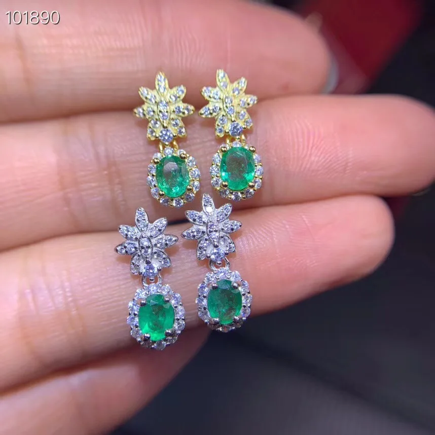 Серьги с натуральным зеленым изумрудом красивые серебряные украшения подарок на