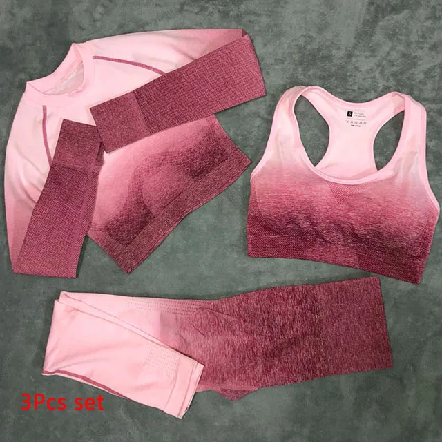 Rose red 3Pcs set Комплект из 3 предметов для йоги, бесшовные леггинсы с эффектом омбре, спортивный бюстгальтер+ укороченный топ с длинным рукавом+ женские леггинсы для бега и спортзала, спортивный костюм с высокой талией для фитнеса - Цвет: Rose red 3Pcs set