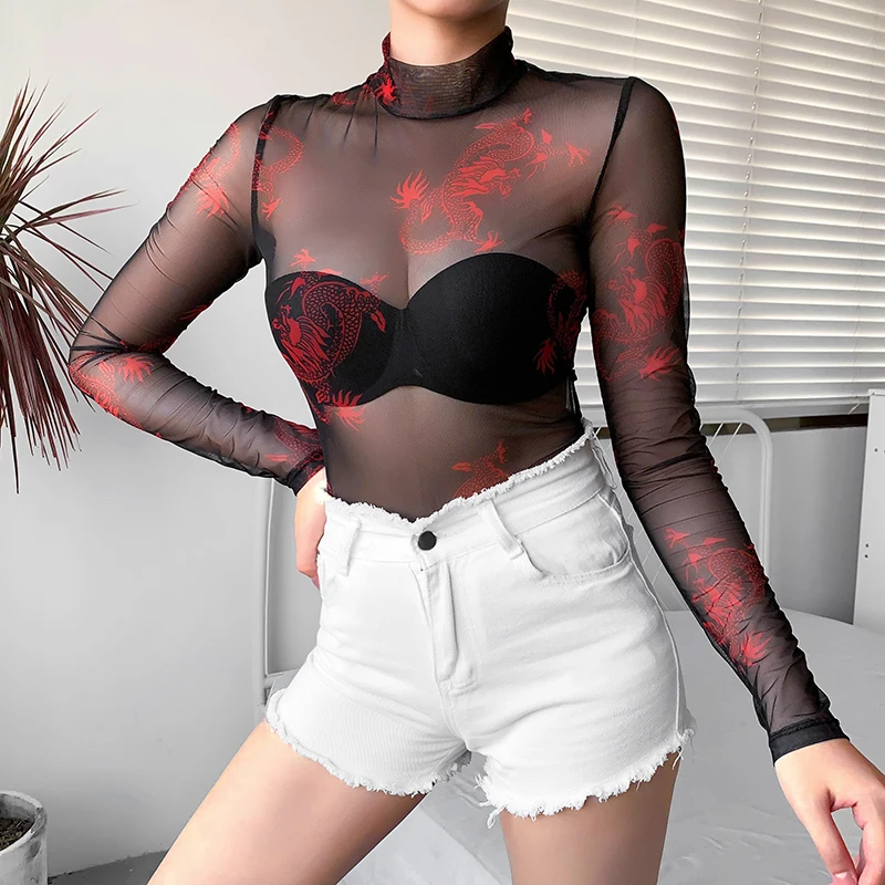 HEYounGIRL с принтом дракона, черное Сетчатое боди для женщин, прозрачный длинный рукав, боди, сексуальный Облегающий комбинезон с высоким воротом, Женский Уличная одежда