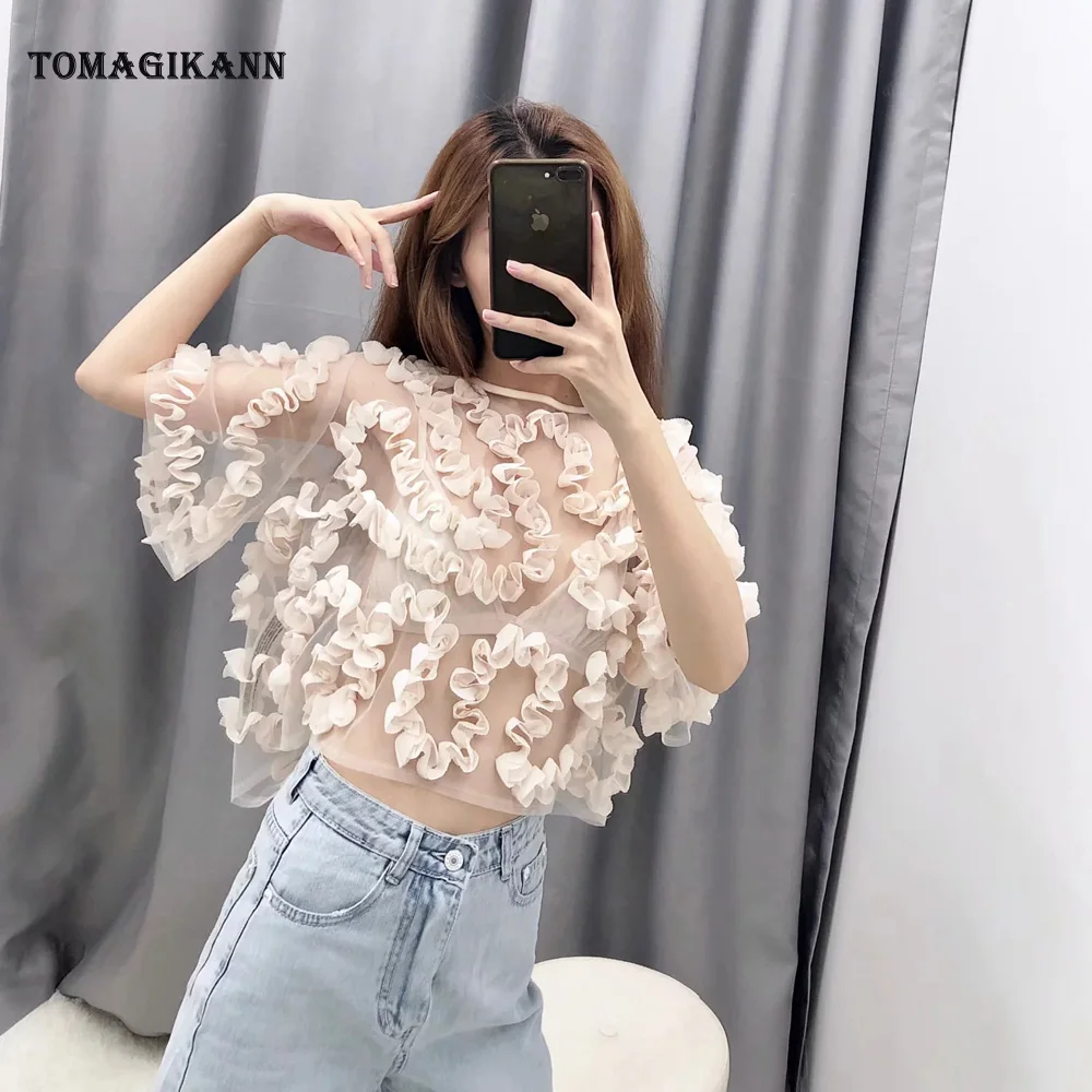 Сексуальная короткая блузка с прозрачной текстурой и оборками рубашка 2019 летняя