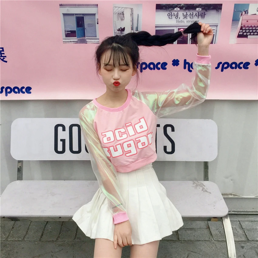 Лазерный прозрачный укороченный Топ Harajuku, Лоскутная футболка с длинным рукавом, женская одежда с длинным рукавом, одежда с принтом в виде надписи, футболка T597