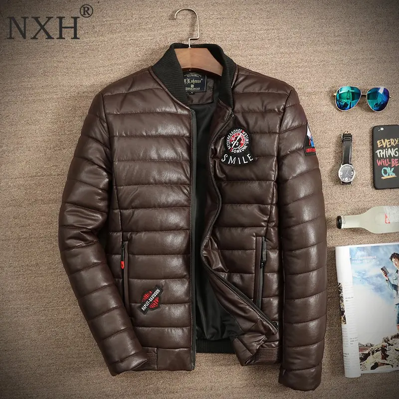 NXH New arrival Men's winter PU Leather Jacket Cotton garmen Warm men Overcoat Male Casual Black coat Brand Quality M-3XL