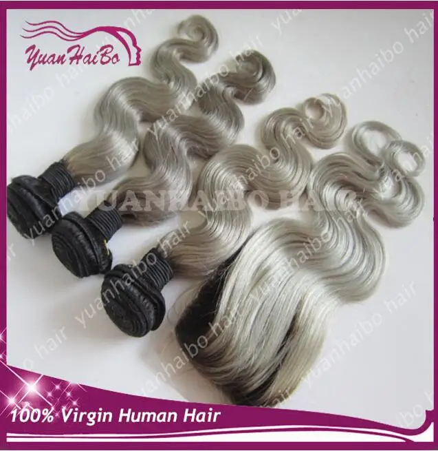 Best Quality 8A 4pcs/lot 1b# grey omber virgin Brazilian hair Body wave with lace closure free shipping |