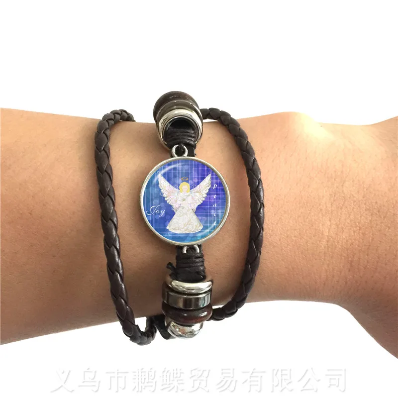 20mm Round Glass Cabochon Christmas Angel Adjustable Leather Bracelet For Friends 2 Color Cords Can Be Selected | Украшения и