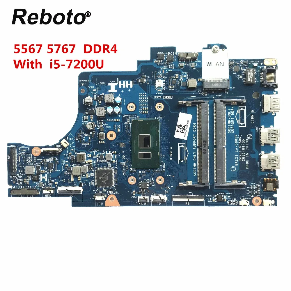Reboto для DELL Inspiron 15 5567 5767 Материнская плата ноутбука DG5G3 0DG5G3 с SR2ZU i5-7200U BAL20 LA-D802P DDR4 мб тестирование