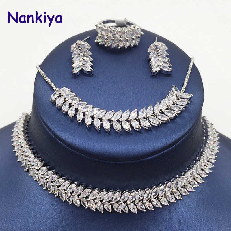

Nankiya Best Selling Willow Shape Horse Eye Zircon Jewelry 4pcs Set Necklace Earrings Ring Bracelet Weddiing Jewelry Party NC425