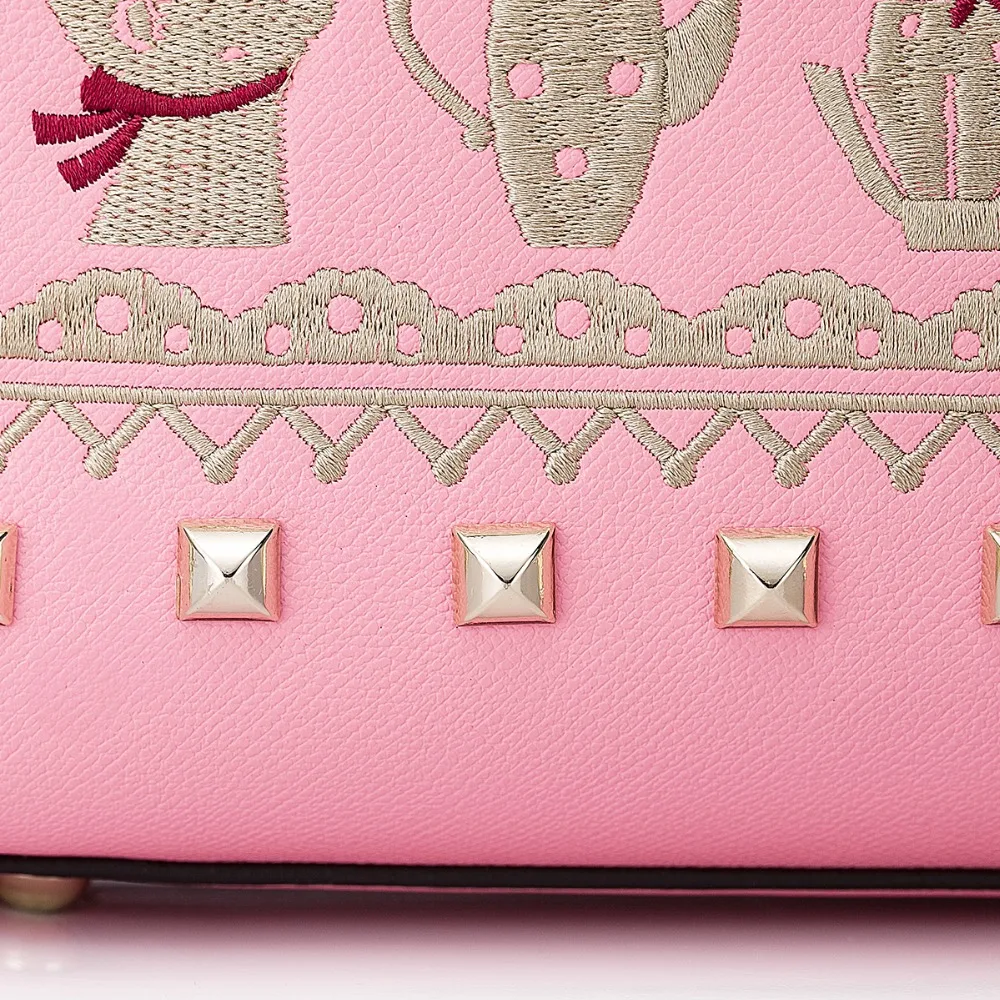 Womens Embroidered Metal Rivet Pink Leather Convertible Tote Handbag Cross Body Shoulder Purse Bag | Багаж и сумки