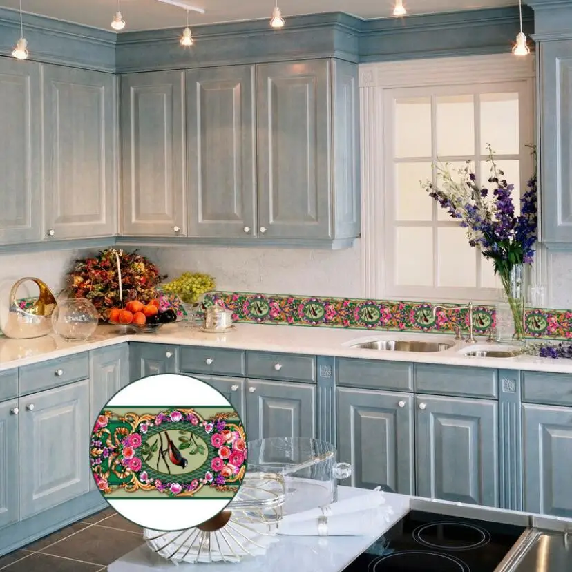 

Vintage Flower Birds Wallpaper Borders Self Adhesive Waterproof PVC Bathroom Kitchen Tile Decor Sticker Room Decoration EZ054