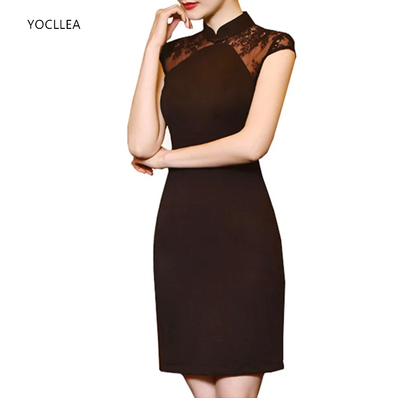 Сексуальное черное Qipao кружевное платье для женщин Весна Лето короткий рукав Чонсам на шнуровке платья китайская девушка Традиционные вечерние платья
