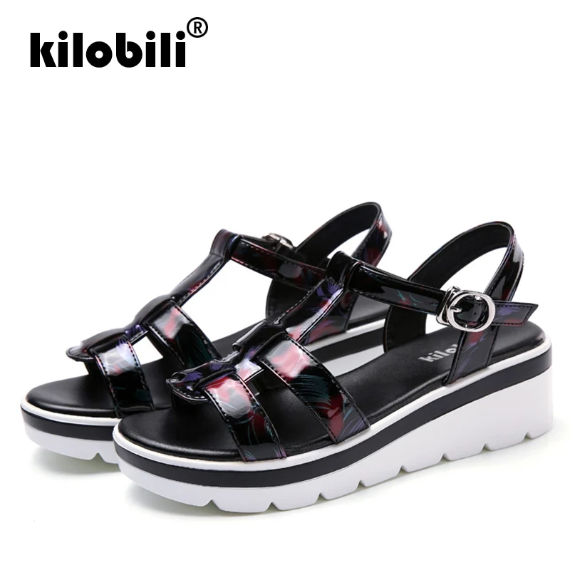 Kilobili/2019 г. летние женские босоножки черные сандалии на плоской платформе пляжные