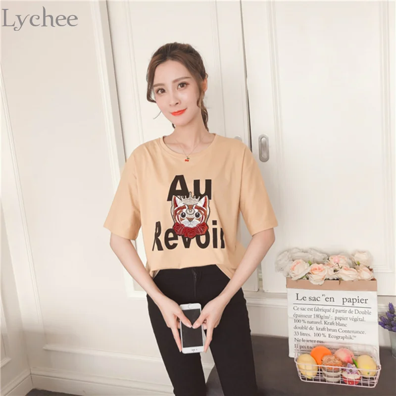 Lychee/симпатичная Женская летняя футболка Корона украшение в виде кота с буквенным