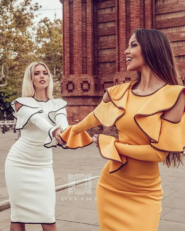 Черный и белый цвет дамы HL Бандажное платье оборками Сексуальная Bodycon по колено с